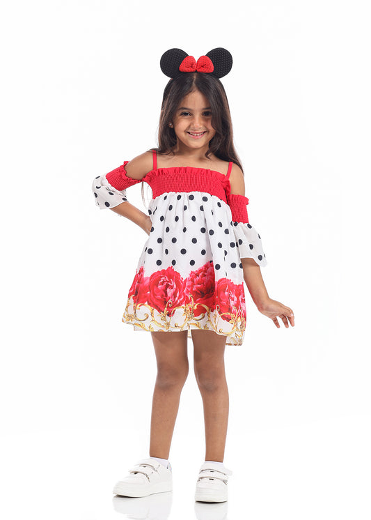 Casual Red & White Dotted Dress For Girls